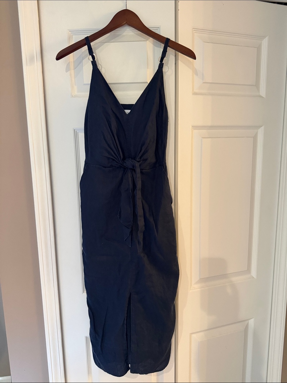 Reiss Navy Linen midi dress with pockets and tie front
